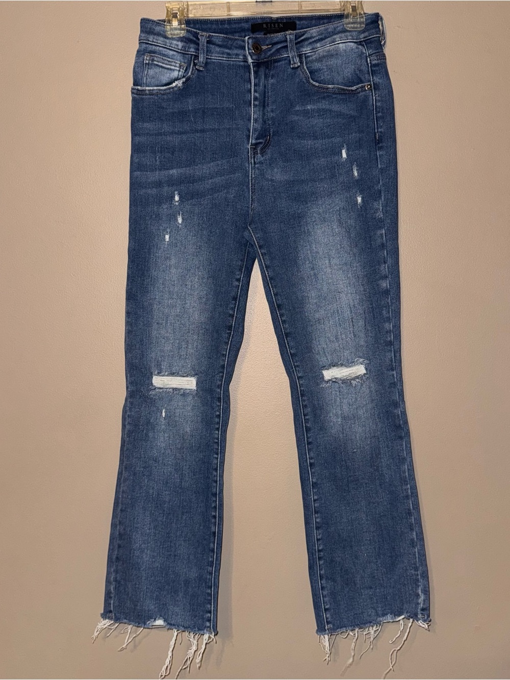Risen HR Vintage Wash Straight Frayed High Rise Denim Jeans Cotton Stretch Sz 29